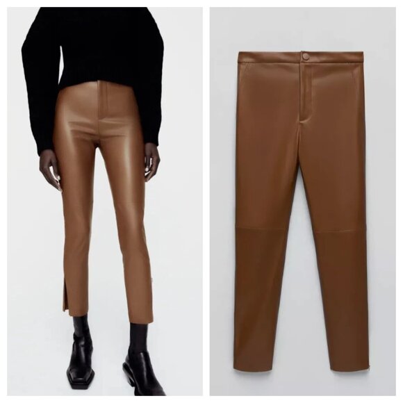 NWT Zara Camel Brown Faux Leather Ankle Pants - Picture 1 of 7